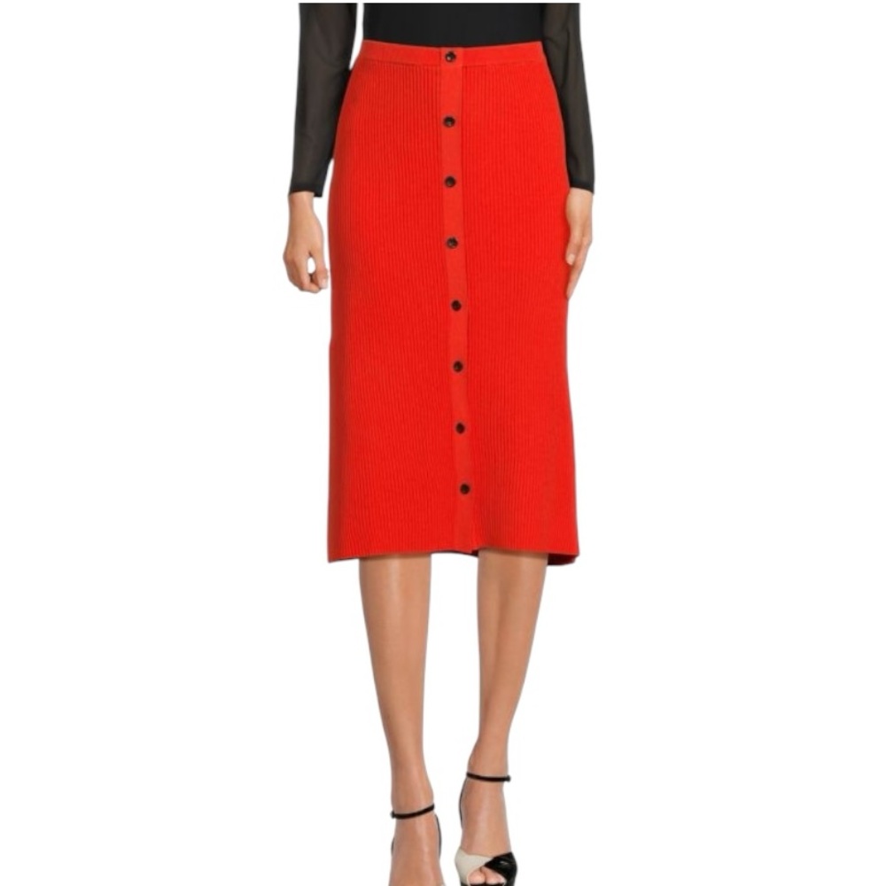 NEW Proenza Schouler Ribbed Knit Button Front Midi Skirt in Vermillion Red - S